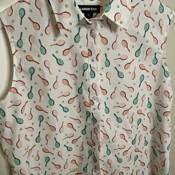 Lands’ End tennis print sleeveless button up 100% cotton SZ 16 - Picture 6 of 8